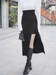 素色高衩半身裙 - 黑色 - 查看 5