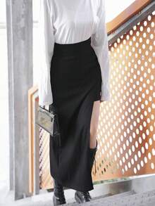 素色高衩半身裙 - 黑色 - 查看 6