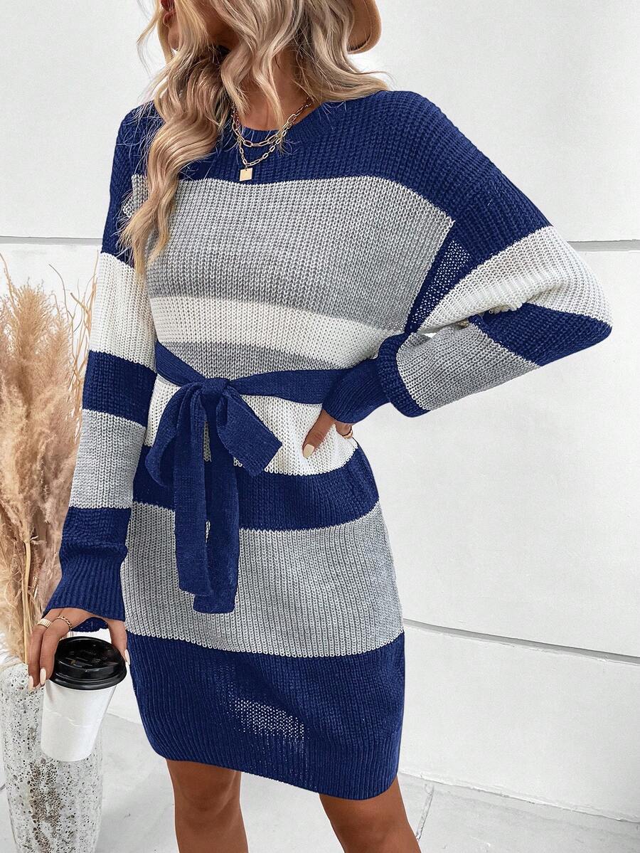 SHEIN LUNE Khối màu Thả vai Thắt lưng Đầm Áo len - Màu xanh lam - Xem 1