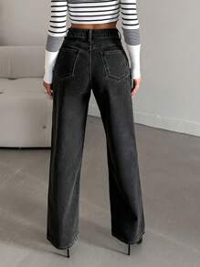 EURMUSE 腰部交疊直筒牛仔褲 - 深灰色 - 查看 2