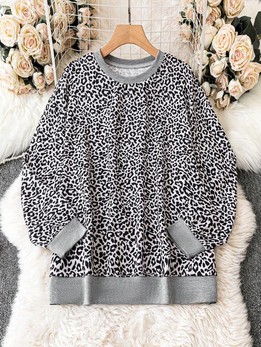 SHEIN LUNE Talla grande Sudadera con estampado de leopardo de hombros caídos - Multicolor - Ver 1