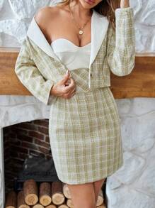 GENKIRA Plaid Print Lapel Neck Blazer & Dress Fall Cloth For Women - Khaki - View 5
