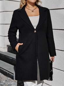 RueChic Plus Lapel Neck Single Button Coat - Black - View 2