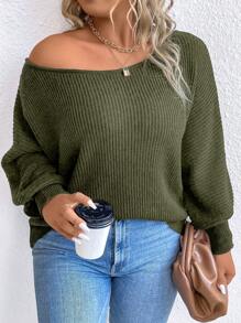 SHEIN LUNE Talla grande Jersey de manga murciélago tejido de canalé - Verde Oscuro - Ver 6