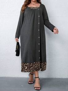 SHEIN LUNE 大碼豹紋印花紐扣細節洋裝 - 灰色 - 查看 3