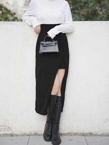 素色高衩半身裙 - 黑色 - 查看 4