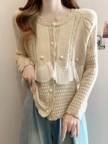 Solid Ruffle Trim Button Through Raglan Sleeve Cardigan - Apricot - View 3