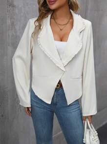 SHEIN Clasi Lapel Neck Frill Trim Blazer - Apricot - View 3