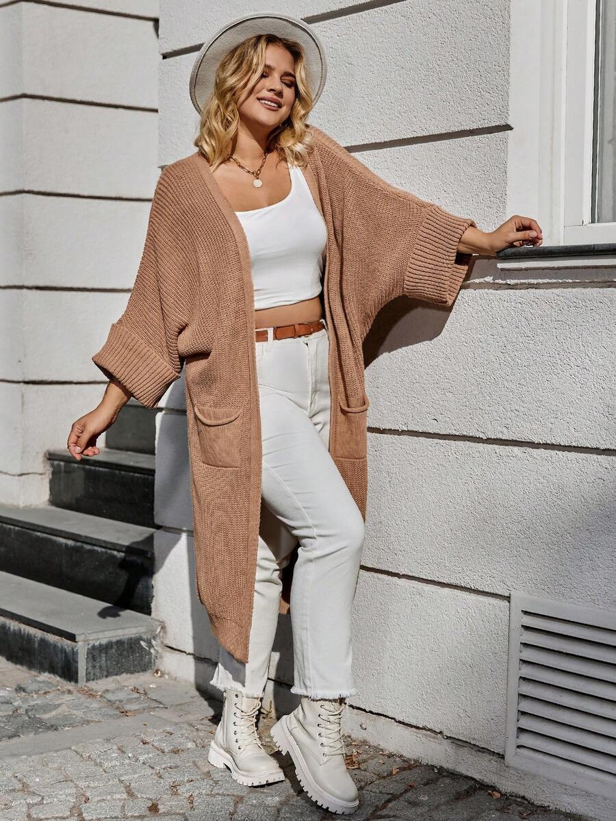 RueChic Hơn tay cánh Vá Túi Áo len Duster - Màu be - Xem 1