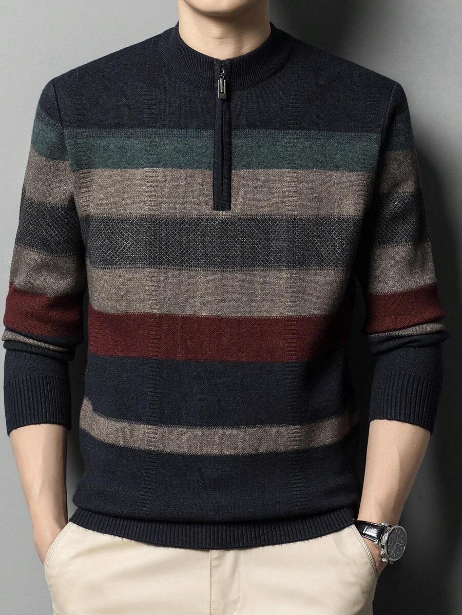 Men Color Block Quarter Zipper Sweater