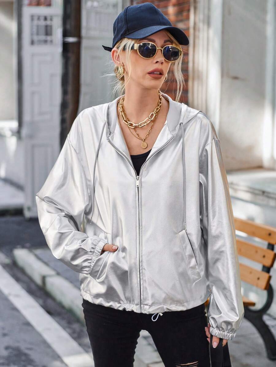 SHEIN Essnce 拉鏈開襟抽繩下擺連帽金屬質感夾克 - 銀色 - 查看 1