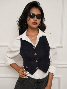 Chiquease 休閒前紐扣純色 撞色女士夾克 - 藏蓝色 - 查看 3