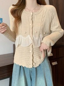 Solid Ruffle Trim Button Through Raglan Sleeve Cardigan - Apricot - View 7