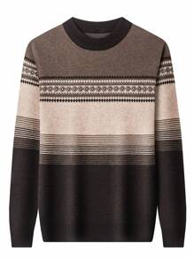 男士条纹图案毛衣，适合秋冬季节，长袖上衣 - 咖啡棕 - 查看 6