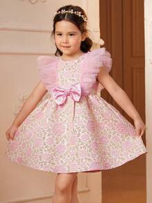 DRMZ 年轻女孩 年轻女孩花卉提花荷叶边饰蝴蝶结前裙 - 彩色 - 查看 1