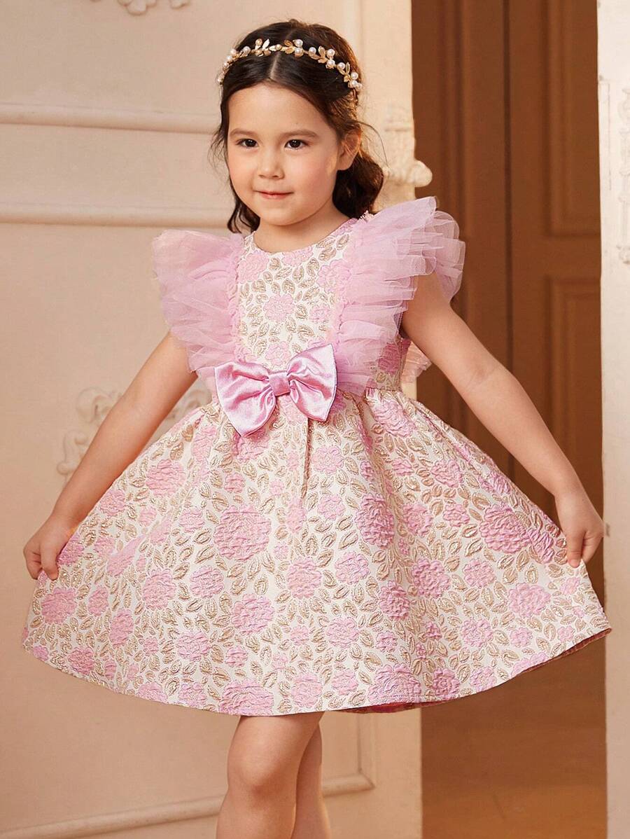 DRMZ 年轻女孩 年轻女孩花卉提花荷叶边饰蝴蝶结前裙 - 彩色 - 查看 1