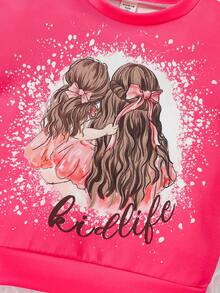 SHEIN Young Girl Letter & Figure Graphic Drop Shoulder Sweatshirt - Hot Pink - View 6