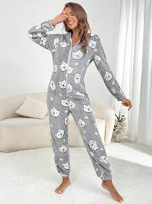 Cartoon Graphic Zip Up Hooded Flannel Sleep Jumpsuit - Grey - View 3
