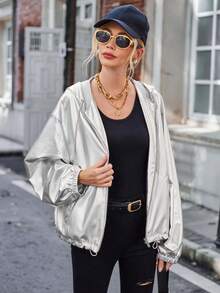 SHEIN Essnce 拉鏈開襟抽繩下擺連帽金屬質感夾克 - 銀色 - 查看 4