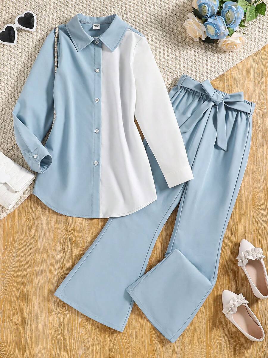 SHEIN Tween Girl Two Tone Shirt & Belted Flare Leg Pants - Multicolor - View 1