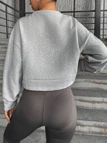 EURMUSE Letter & Floral Embroidery Drop Shoulder Crop Sweatshirt - Grey - View 2