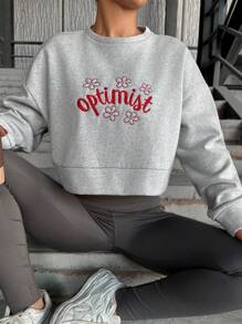 EURMUSE Letter & Floral Embroidery Drop Shoulder Crop Sweatshirt - Grey - View 4
