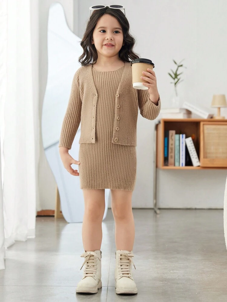 Young Girl Ribbed Knit Cardigan & Sweater Dress