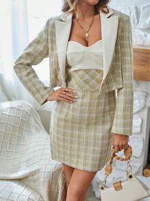 GENKIRA Plaid Print Lapel Neck Blazer & Dress Fall Cloth For Women - Khaki - View 1