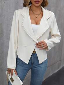 SHEIN Clasi Lapel Neck Frill Trim Blazer - Apricot - View 1
