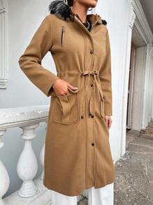 EURMUSE Hooded Overcoat With Drawstring Waist And Double Pockets - Camel - View 4