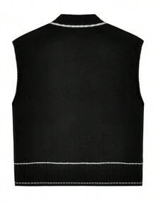 Women's Loose Fit Color Block Trim Knit Vest - Black - View 3