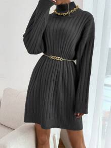 EURMUSE High Neck Drop Shoulder Ribbed Knit Sweater Dress Without Belt - Grey - View 4