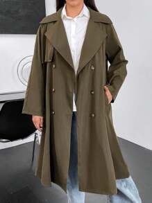 Flirla 大碼西裝領雙排釦風衣外套 - 卡其色 - 查看 1