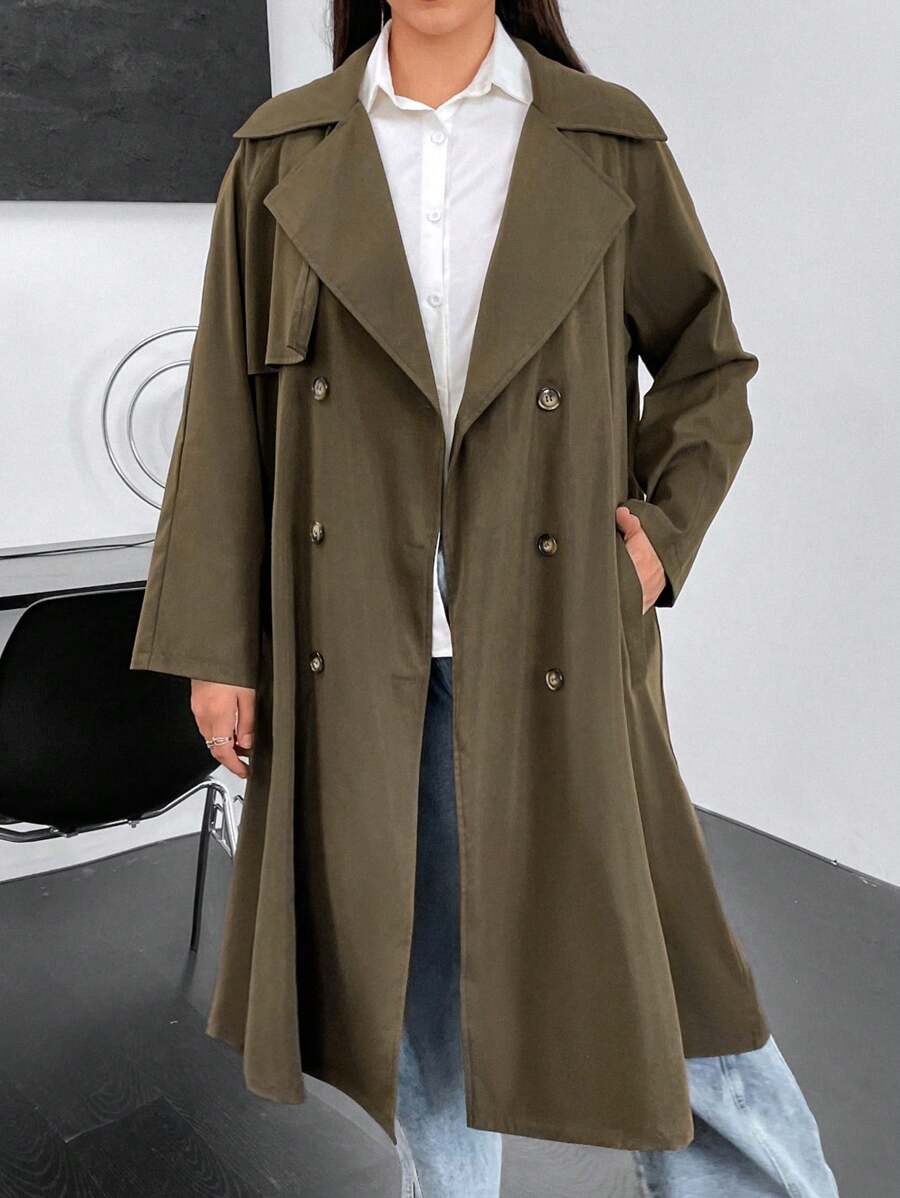 Flirla 大碼西裝領雙排釦風衣外套 - 卡其色 - 查看 1