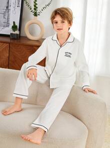 SHEIN Tween Boy Embroidery Letter Pattern Contrast Piping PJ Set