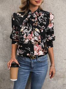 SHEIN LUNE 印花繫帶領襯衫 - 黑色 - 查看 1