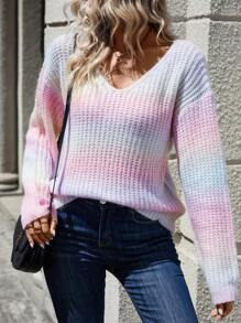 SHEIN Essnce Ombre V Neck Drop Shoulder Sweater - Multicolor - View 5