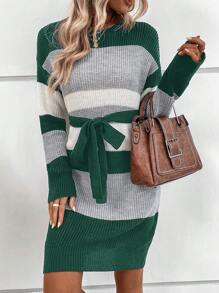 SHEIN LUNE 撞色落肩袖腰帶毛衣洋裝 - 軍綠色 - 查看 3
