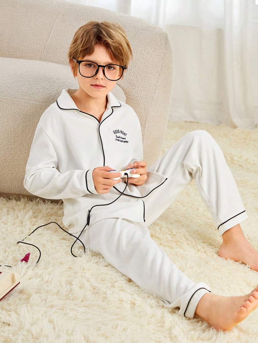SHEIN Tween Boy Embroidery Letter Pattern Contrast Piping PJ Set