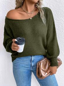 SHEIN LUNE Talla grande Jersey de manga murciélago tejido de canalé - Verde Oscuro - Ver 1