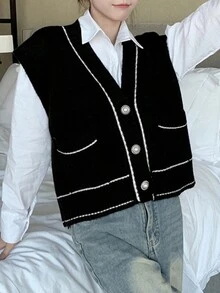 Women's Loose Fit Color Block Trim Knit Vest - Black - View 6