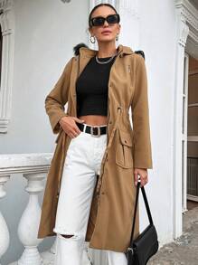 EURMUSE Hooded Overcoat With Drawstring Waist And Double Pockets - Camel - View 3