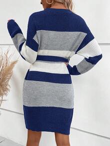 SHEIN LUNE Khối màu Thả vai Thắt lưng Đầm Áo len - Màu xanh lam - Xem 2