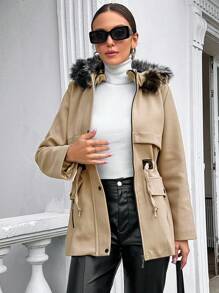 RueChic 拼布毛領抽繩腰設計毛呢大衣