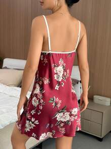 SHEIN Floral Print Contrast Binding Cami Nightdress - Burgundy - View 2