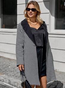 RueChic Plus Houndstooth Print Lapel Neck Coat Without Belt - Black and White - View 5