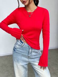 SHEIN Essnce Solid Flare Sleeve Sweater - Red - View 3