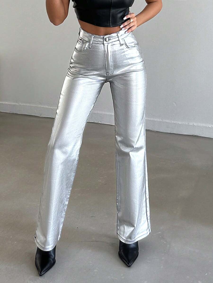 EURMUSE High Waist Straight Leg Jeans - Grey - View 1