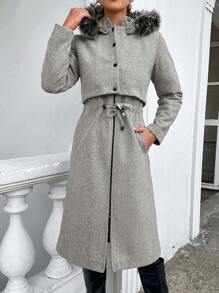 EURMUSE Women'S Hooded 2 In 1 Slim Fit Padded Jacket With Waist Drawstring - Grey - View 1