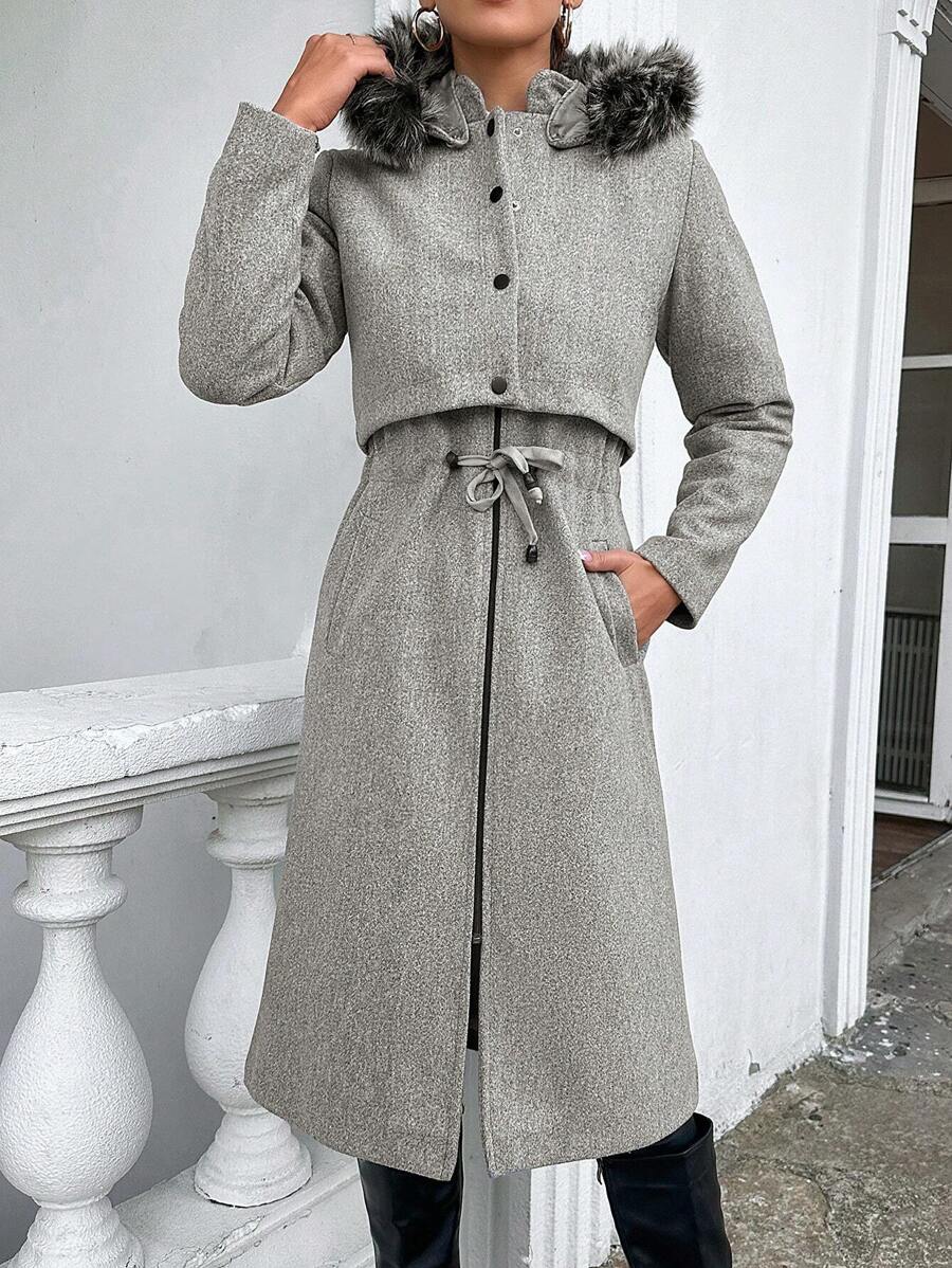 EURMUSE Women'S Hooded 2 In 1 Slim Fit Padded Jacket With Waist Drawstring - Grey - View 1